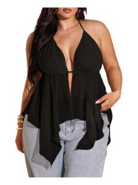 Plus Size Y2K Halter Top Deep V Neck Tie Back Sleeveless Asymmetric Flowy
